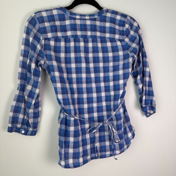Abercrombie Fitch Y2K Vintage Plaid Ruffle Neck Tie Back 100% Cotton Blouse - Picture 2 of 11